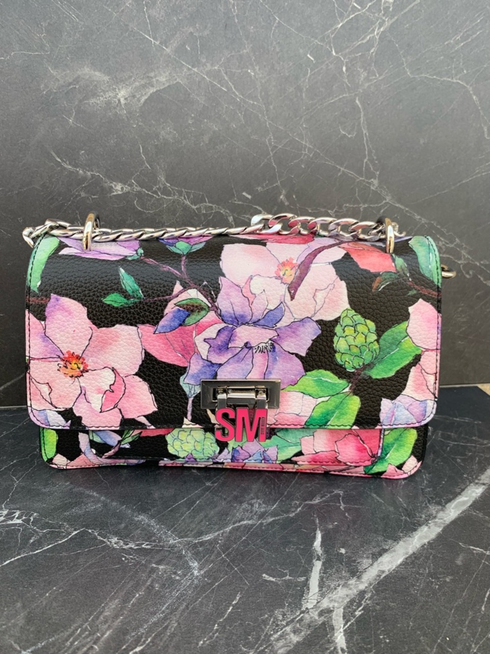 Steve Madden Floral Print Chain Shoulder Bag - Black/Pink/Green